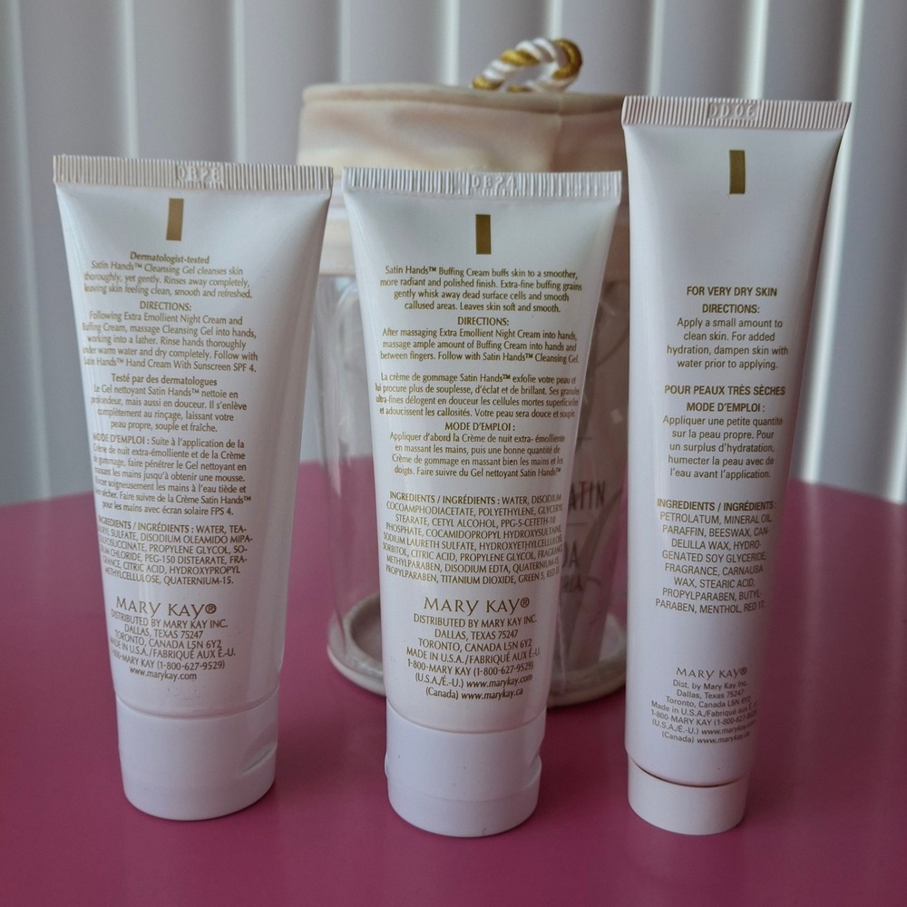 Mary Kay Satin Hands Pampering Set Cleansing Gel Buffing Night Cream Set of 3 - Picture 2 of 3